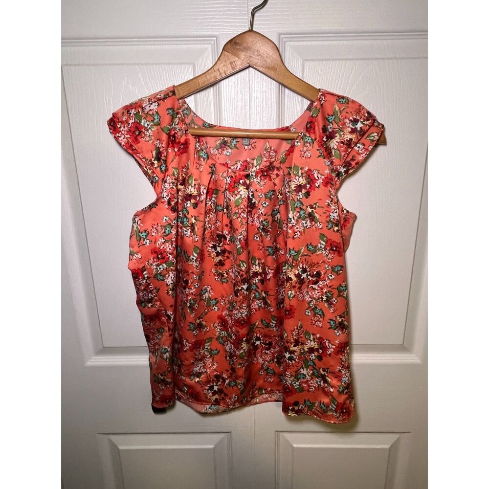 NY Collection Womens Floral Blouse Small Coral Cap Sleeve Lightweight Top